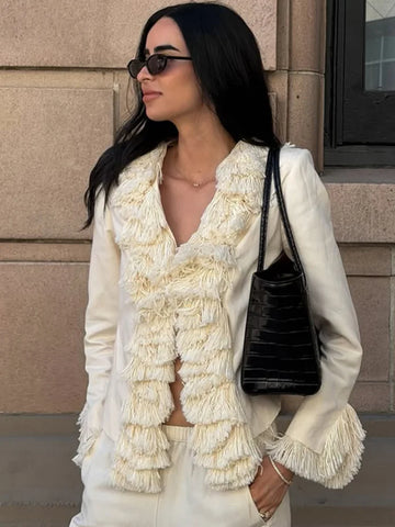 Solid Blended Women's Jacket Irregular Tassel Decoration Open Front Long Sleeves Loose Chic Autumn Street Wear