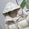 Women Belted Down Jacket with Hood Autumn Winter Warm Thick Outwear White Duck Down Casual Coat