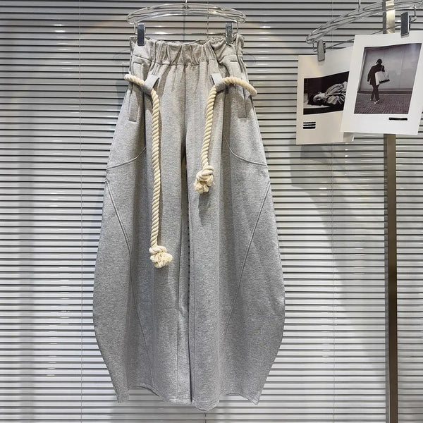 Women Personalized Woven Hemp Rope Belt Loose Wide-leg Casual Pants Bloomers