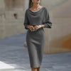 Spring Women's Elegant Dress High Waist O-neck 7-quarter Sleeves Slim Simple Office Solid Color Female Mid-length Skirt