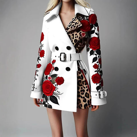 Women's Chic Trench Coat Red Rose Leopard Print Double Breasted Belted Lapel Long Sleeve Casual Outerwear Winter Female Jackets