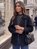 Women Black Belted Double Breasted Coat High Neck Long Sleeve Tailored Fit Elegant Jacket Winter Office Casual Outerwears