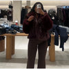 Elegant PU Fur Patchwork Jacket Women Loose Detachable Collar Lapel Double Breasted Jackets Female Winter Warm Outwear