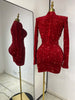 Special Occassion Dress Women Red Sparkly Sequines Long Sleeve Turtleneck Drapped Asymmetric Bodycon Mini Birthday Evening Dress