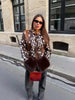 Women Leopard Print Stand Collar Waist Cinched Faux Fur Short Coat Fluffy Cuff Outerwear Winter Ladies Warm Furry Jacket