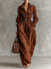 Zipper Lapel Collar Pocket Long Dress for Women Casual Long Sleeve Solid Party Dress Elegant Elastic Waist Maxi Dresses