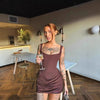 Women's Sexy Back Lace Up Draped Elegant Dress Mini Bodycon Corset Dress Brown Club Party Evening Gown
