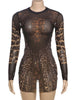 See Through Dress Women Sexy Coquette Leopard Print Full Sleeve O-Neck Stretch Mini Bodycon Midnight Party Clubwear