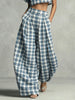 Women's Blue Plaid Two Piece Set Mock Neck Crop Top High Waisted Wide Leg Pants Casual Elegant Outfit