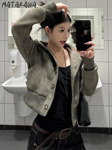 Y2k Vintage Autumn Winter Jackets for Women Suede Stand Collar Short Chaqueta Mujer Korean Simple Outwear