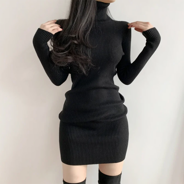 Women Autumn Winter Turtleneck Warm Bodycon Dress Long Sleeve Knit Solid Office Pullover Sexy Mini Dress for Ladies