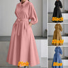 Plus Size Women Stylish Belted Pleated Maxi Dresses Long Sleeve Lapel Half Buttons Solid Color Long Dress Streetwear 5XL