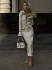 Ruffled Knit Dress Women Autumn Ribbed Contrast Long Sleeve High Waist Lapel Gown Dress Knitwear Ladies Maxi Dress