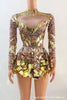 Stretch Sequins Mirror Dress Women Bodysuit Dancewear Long Sleeve Drag Queen Costume Rave Festival Night Out BodySuits