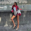 Women's Shorts 2 Pcs Sets Panelled Lantern Long Sleeve Ruched Zipper Loose Coats Lace Up Short Pants Chic Lady Sporty Outfit
