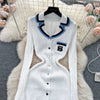 Autumn Winter Wear Dress Women Polo Single Breasted Pocket Design Bodycon Knitting Temperament Sweater Long Dresses