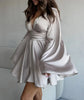 Elegant Party Satin Flare Long Sleeve Dress Women's Sexy Deep V Neck Solid Color Higt Waist Dresses Autumn short skirts