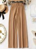 Women's Khaki Textured Wide-Leg Pants, High-Waisted Paperbag Waist with Tie, Draped Straight-Leg Trousers