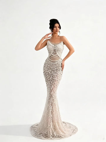 Women Evening Dress Tube Top White Pearl Series Deep V-Neck Perspective Mesh High Waist Skinny Stage Banquet Dress
