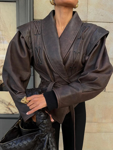 Women Leather Bomber Jackets Coats With Belt Notched Shoulder Pads Motorcycle Street Chic Short Outwear Solid Lace Up