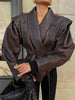 Women Leather Bomber Jackets Coats With Belt Notched Shoulder Pads Motorcycle Street Chic Short Outwear Solid Lace Up