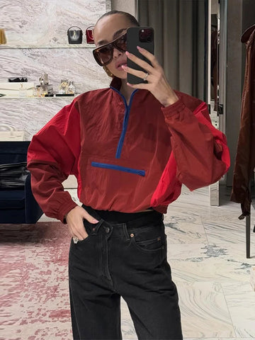 Color Block Cropped Anorak Jacket Women Stand Collar Half Zip Kangaroo Pocket Long Sleeve Jackets Autumn Casual Chic Coat