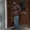 Women Brown Drawstring Waist Puffer Jacket Stand Collar Warm Cotton Padded Coat Casual Oversized Winter Parka Outerwear
