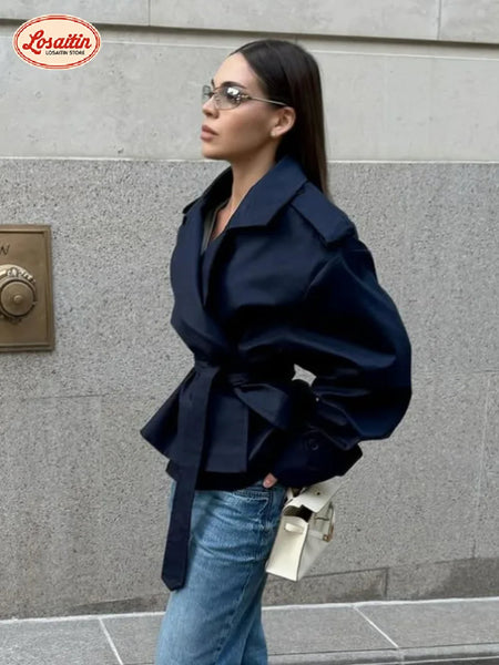 Khaki Belt Lace Up Short Trench Coat Women Elegant Full Sleeve V Neck Loose Jacket Autumn Daily High Street Outerwear