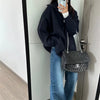 Double Zipper Turn-Down Collar Knitted Cardigan coat for women chic Thickened Loose lapel sweater jackets 26D5571