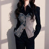 Black Stitching Denim Polo Collar Waist Shirt Woman Autumn Korean Denim Shirt Tops Casual Female Windbreaker