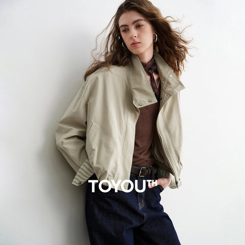 Women Slub Cotton Jackets Spring Cropped Tulip Silhouette Striped Cuff - Turn Up Stand Collar Tops