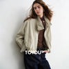 Women Slub Cotton Jackets Spring Cropped Tulip Silhouette Striped Cuff - Turn Up Stand Collar Tops