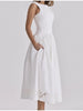 Minimalist White Boat Neck Midi Dress Women Elegant Cap Sleeve A-line Flare Eyelet Embroidery Vestido Wedding Formal Party Gown