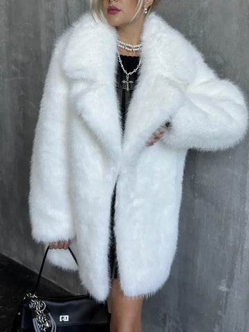 Winter Imitation Fox Fur Mid-length Coat For Women Artificial Lapel Thicken Streetwear Faux Fur Jacket Lady