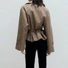 Women Plaid Short Trench Coat Lapel Double Breasted Belted Waist Long Sleeve Cropped Windbreaker Casual Outerwear Jacket