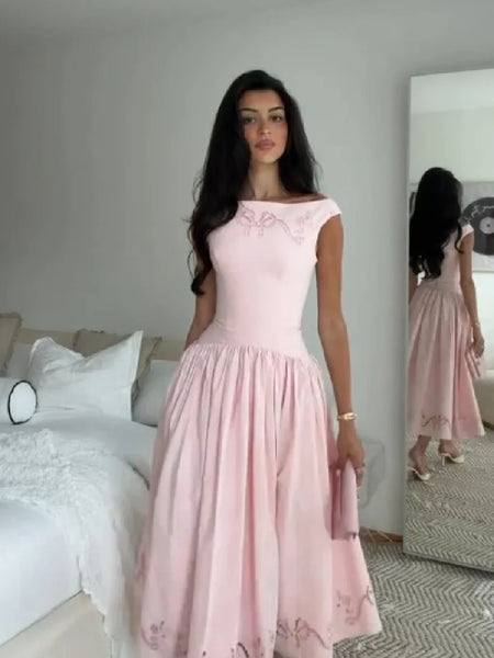 Minimalist White Boat Neck Midi Dress Women Elegant Cap Sleeve A-line Flare Eyelet Embroidery Vestido Wedding Formal Party Gown