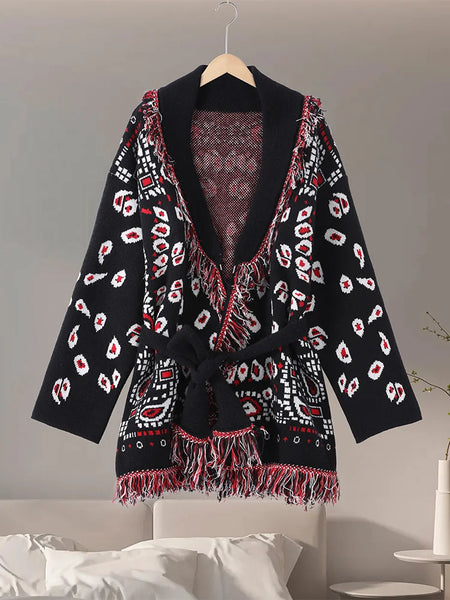 Casual Printed Cardigans Women Tassel Lace Up V-neck Full Sleeve Loose Knit Coat Female Autumn Lady Outwears
