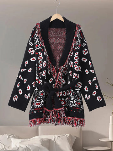 Casual Printed Cardigans Women Tassel Lace Up V-neck Full Sleeve Loose Knit Coat Female Autumn Lady Outwears