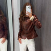 Women Lapel Collar Single Button Croc Embossed Leather Jacket Long Sleeve Drop Shoulder Patch Pocket Loose Retro Short Street