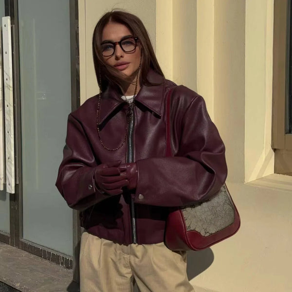 Autumn Winter Women's Moto Biker Zipper Long Sleeve Jacket Faux Leather Jacket Outerwears Causal Coats