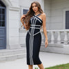 Classic White And Black Stripes Bandage Long Evening Dress Contrast Vintage Woman Bodycon Elastic Dress Slim Midi