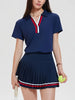 Women 2 Pieces Athletic Skirt Set Outfits V Neck Polo Shirts High Waisted Pleated Tennis Skirts Golf Pickball Dress