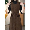 Winter Fake Two piece Corduroy Dress Stylish Women's Dress Draw pleats Slim Waist Dress Women's Retro Knee Over Middle Long