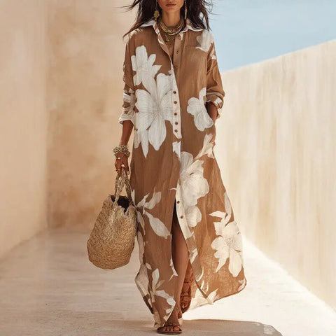 Spring Long Dresses For Women Casual Loose Long Sleeve Shirt Dress Women Pocket Button Print Shirts Dress Vestido