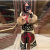 Vintage Ethnic Geometric Print Coat Women Belted Waist Faux Fur Cuff Patchwork Open Front Maxi Robe Autumn Winter Chic Cardigan