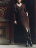 Elegant Evening Dress Women V Neck Long Sleeve Patchwork Button Slit Sweater Dresses Autumn Winter Knit Maxi Dress