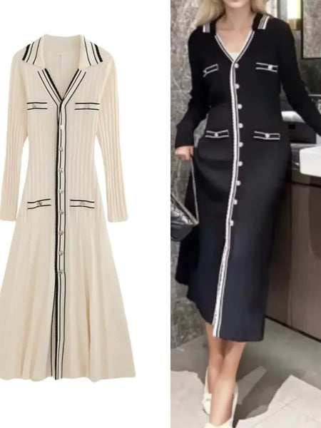 2 Colors Women A-Line Elastic Waist Robe Spring Contrast Color Slim Knit Midi Dress Spring
