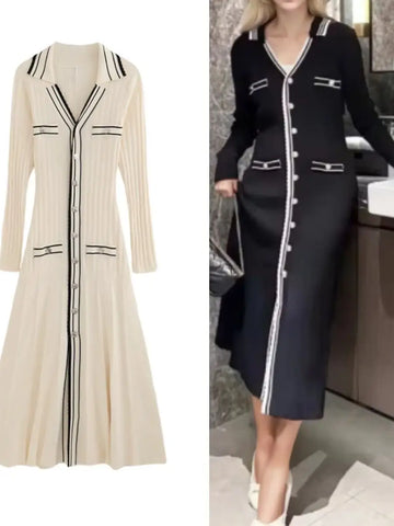 2 Colors Women A-Line Elastic Waist Robe Spring Contrast Color Slim Knit Midi Dress Spring
