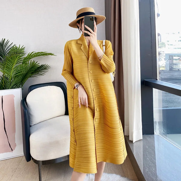 Pleated Triple Button Long Sleeve Lapel Dress Women Spring Korean Causal Elegant Clothes