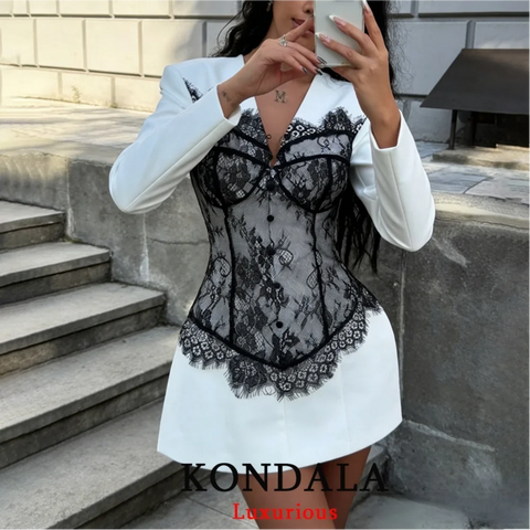 Vintage Lace Patchwork Mini Blazer Dress Women Long Sleeve V Neck Sheath Party Blazer Spring Elegant Blazer